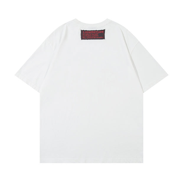 Letter Affixed Cloth Embroidered Printed Short Sleeve Men