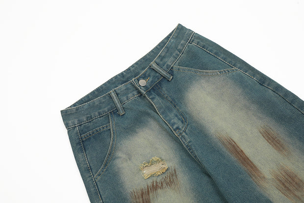 Contrast Color Inkjet Hole Denim Straight-leg Pants Men