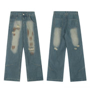 Contrast Color Inkjet Hole Denim Straight-leg Pants Men