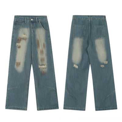 Contrast Color Inkjet Hole Denim Straight-leg Pants Men