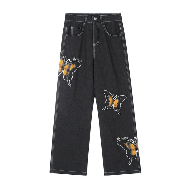 Design Sense Niche Butterfly Paste Cloth Embroidery Denim Straight-leg Pants