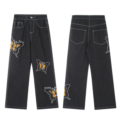 Design Sense Niche Butterfly Paste Cloth Embroidery Denim Straight-leg Pants
