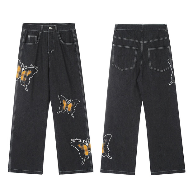 Design Sense Niche Butterfly Paste Cloth Embroidery Denim Straight-leg Pants
