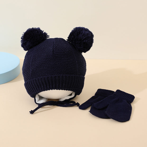 New Boys And Girls Children's Double Ball Wool Hat Gloves Two-piece Suit