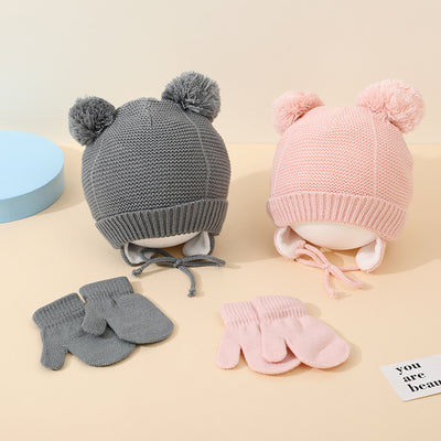 New Boys And Girls Children's Double Ball Wool Hat Gloves Two-piece Suit