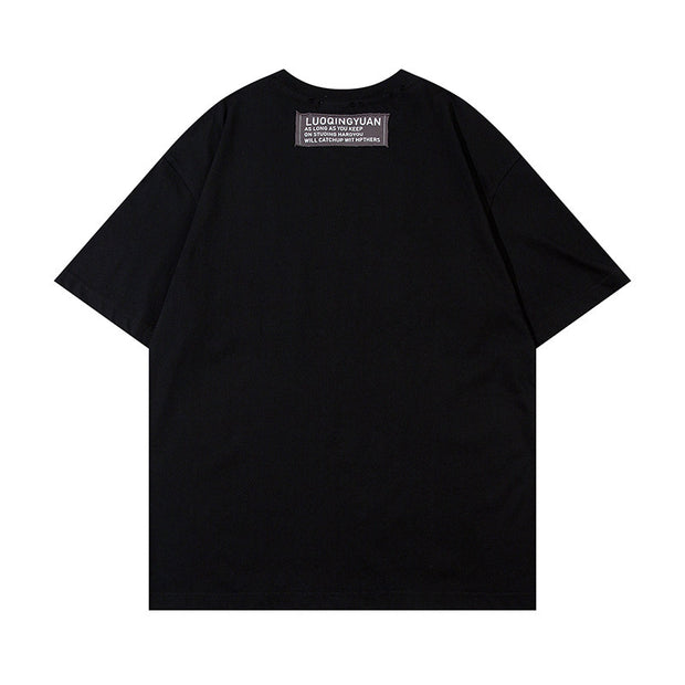 Letter Affixed Cloth Embroidered Printed Short Sleeve Men