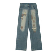 Contrast Color Inkjet Hole Denim Straight-leg Pants Men