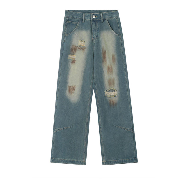 Contrast Color Inkjet Hole Denim Straight-leg Pants Men