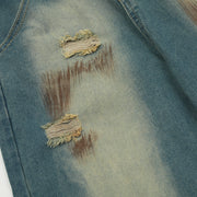 Contrast Color Inkjet Hole Denim Straight-leg Pants Men